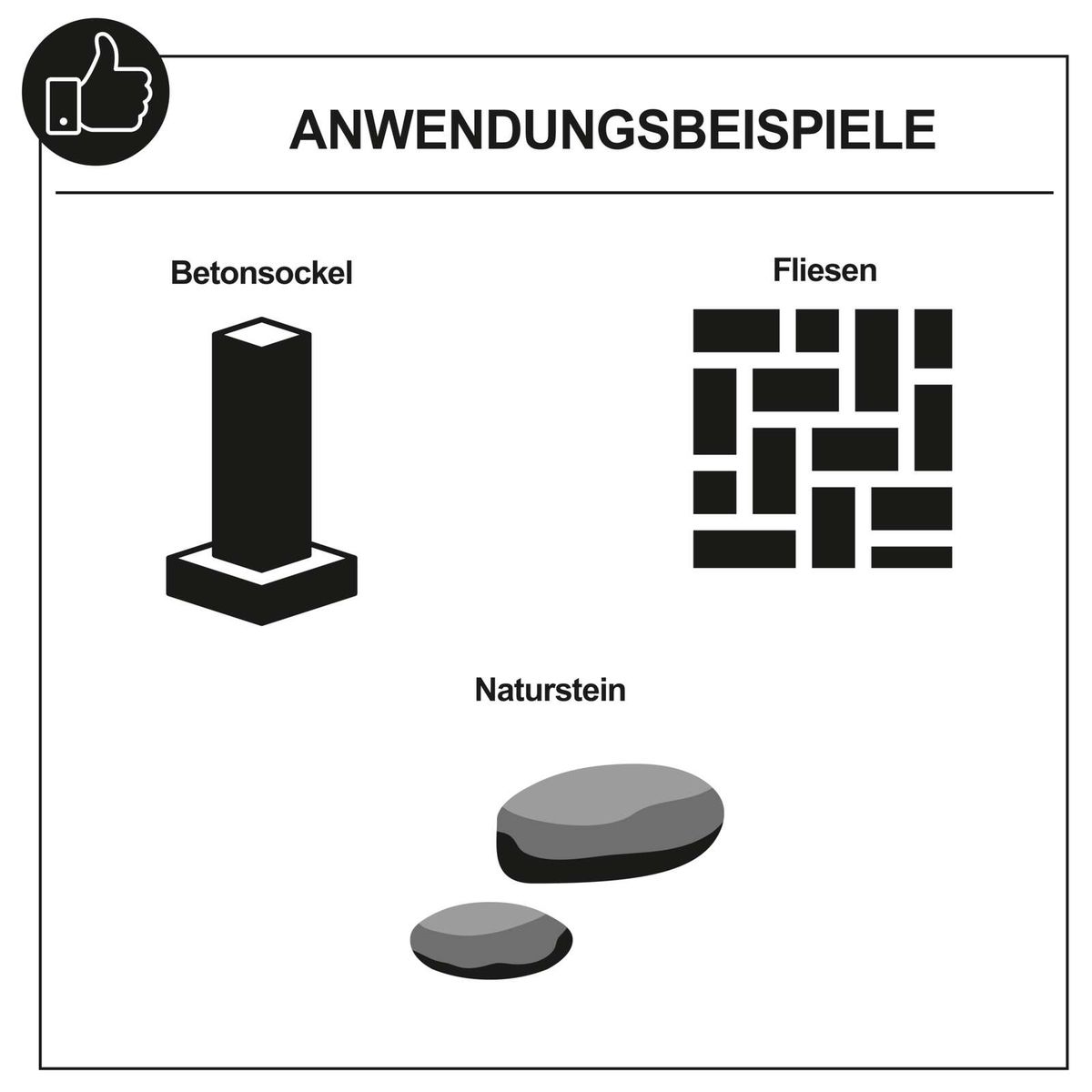 Das Bild zeigt Anwendungsbeispiele für den Scheppach 785977. Dargestellt sind ein Betonsockel, Fliesen und ein Naturstein. Diese Materialien können mit dem Werkzeug bearbeitet werden.
