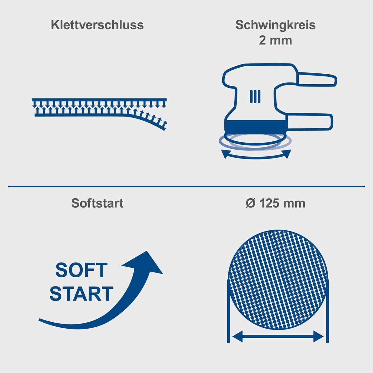 Schleifscheibe mit Klettverschluss, Schwingkreis von 2 mm und Weichstart-Funktion für Akku-Exzenterschleifer
