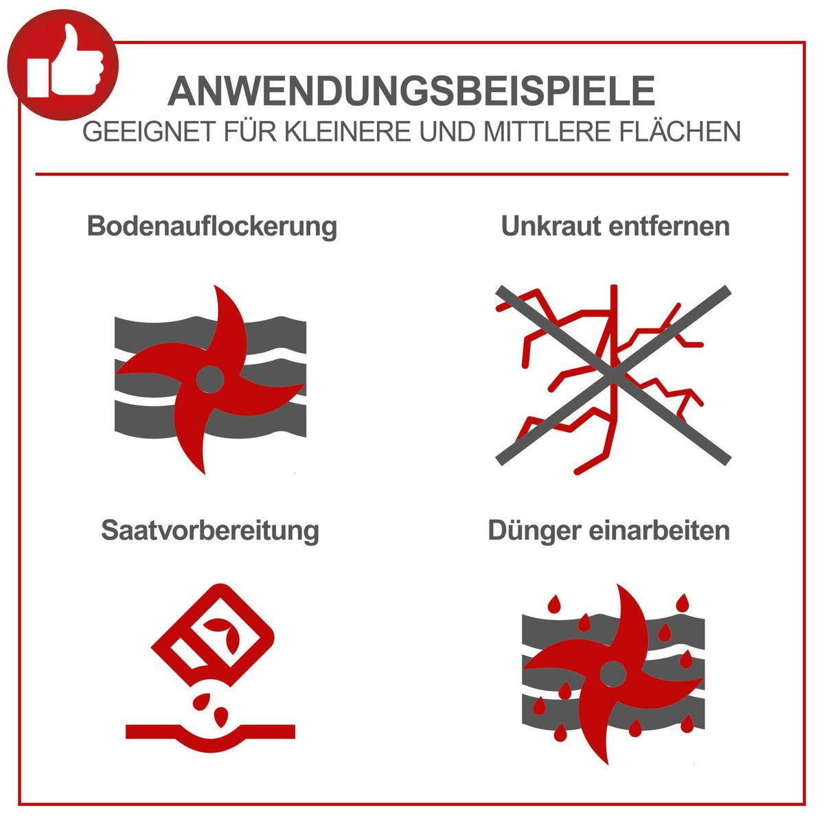 Das Scheppach Werkzeug eignet sich für kleinere und mittlere Flächen. Es kann zum Bodenauflockern, Unkraut entfernen, Saatvorbereitung und Dünger einarbeiten verwendet werden.