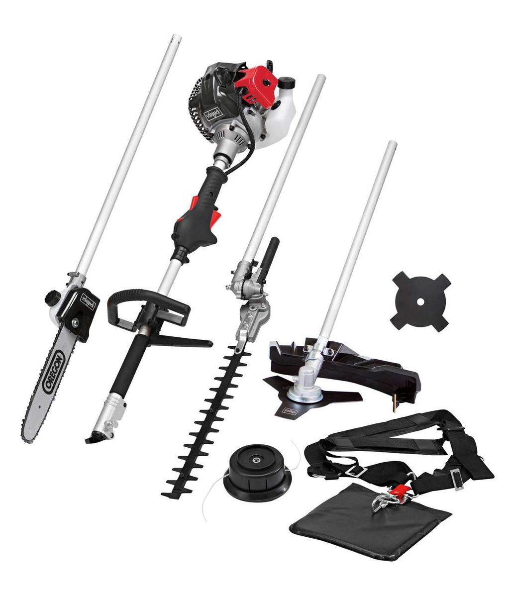 Scheppach-Multitool-Set mit Motor, Kettensäge, Heckenschere, Bohrmaschine, Schleifscheibe und Halterung für Gartenwerkzeuge