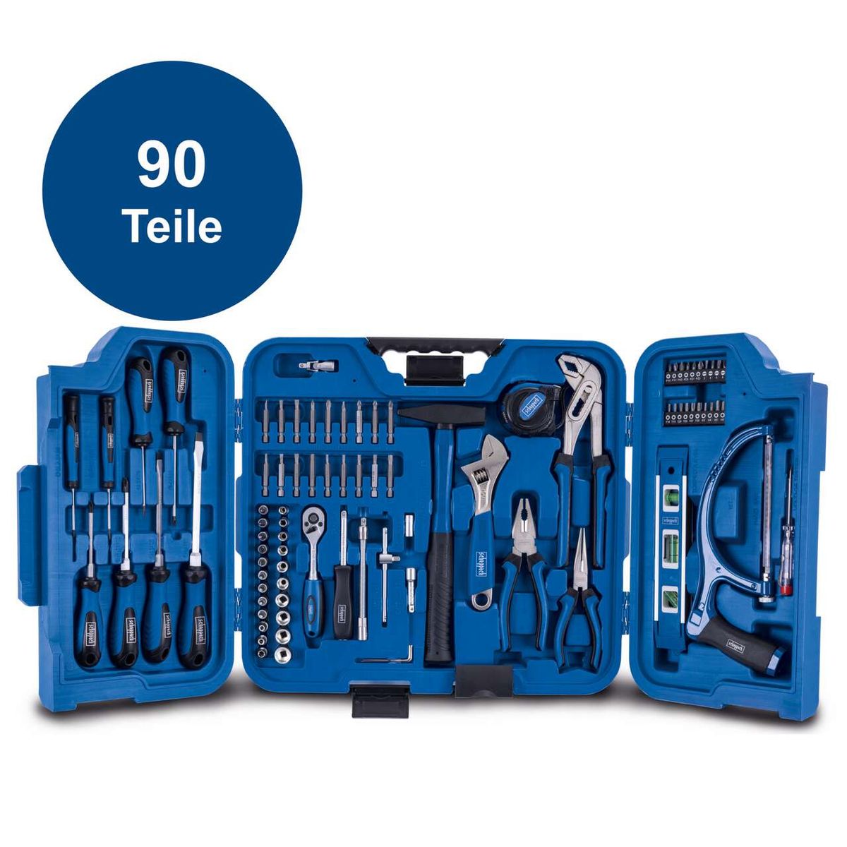 Der Werkzeugkoffer TB99 von Scheppach enthält 90 Teile, darunter Schraubendreher, Zangen, Schraubenschlüssel und mehr. Ideal für Heimwerker und Profis.