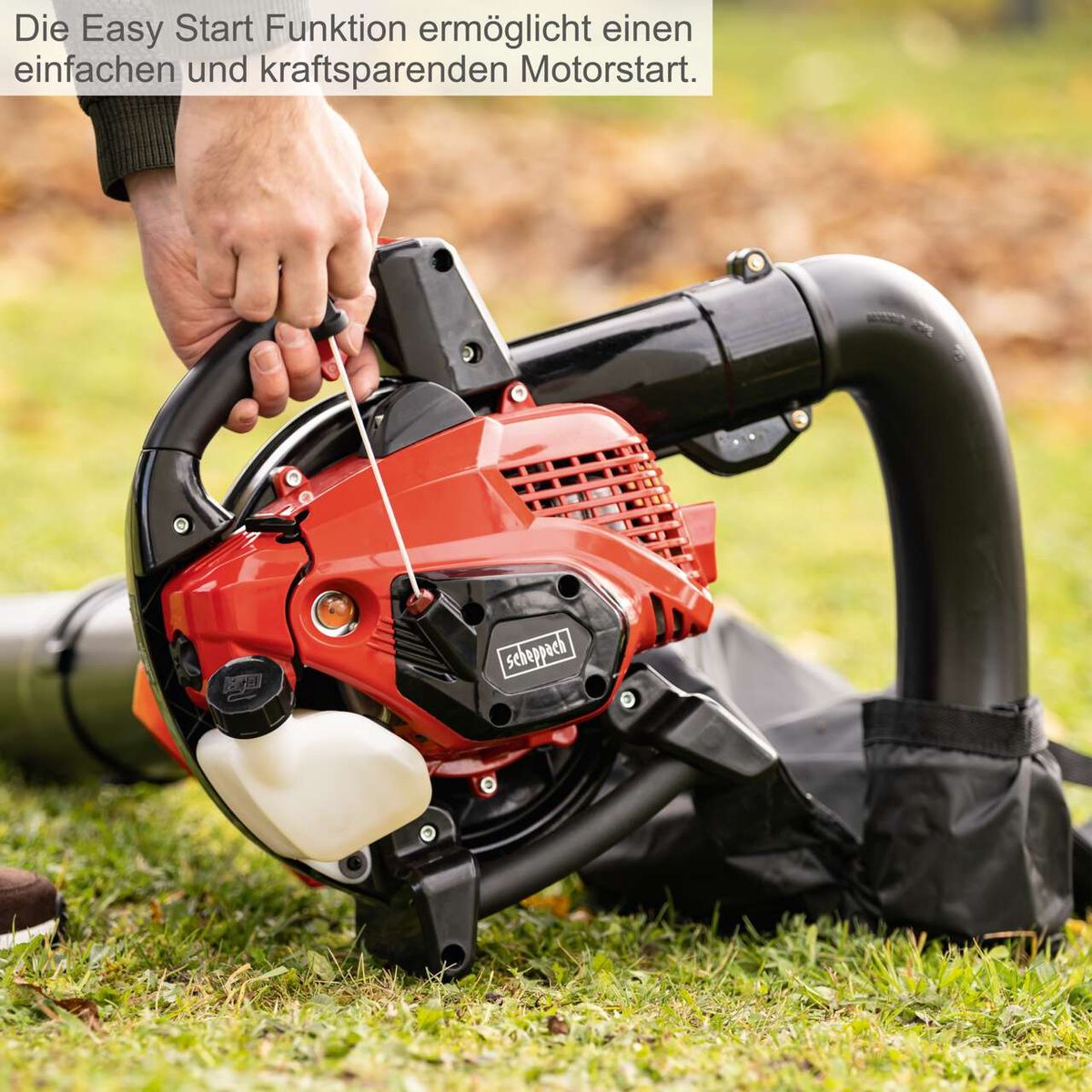Die Easy Start Funktion ermöglicht einen einfachen und kraftsparenden Motorstart. Der Scheppach Benzin Laubbläser & Laubsauger LBH3500P bietet eine einfache Handhabung und einen zuverlässigen Startvorgang.