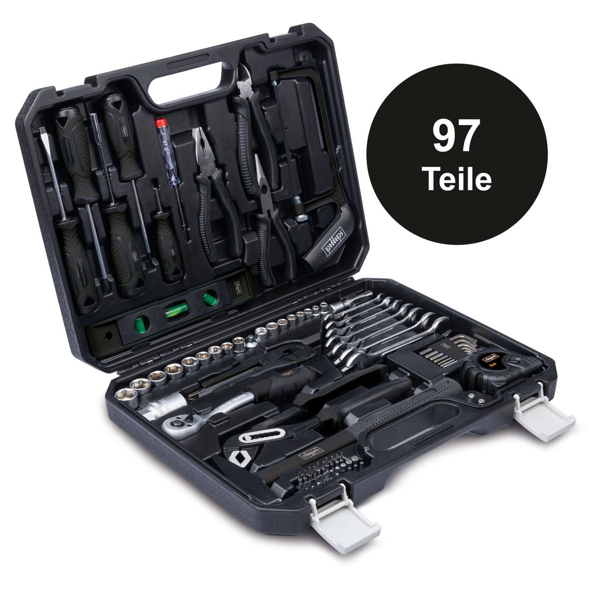 Werkzeugkoffer mit 97 Teilen von Scheppach, inklusive Schraubendreher, Zangen, Schraubmuttern und Bohrer.