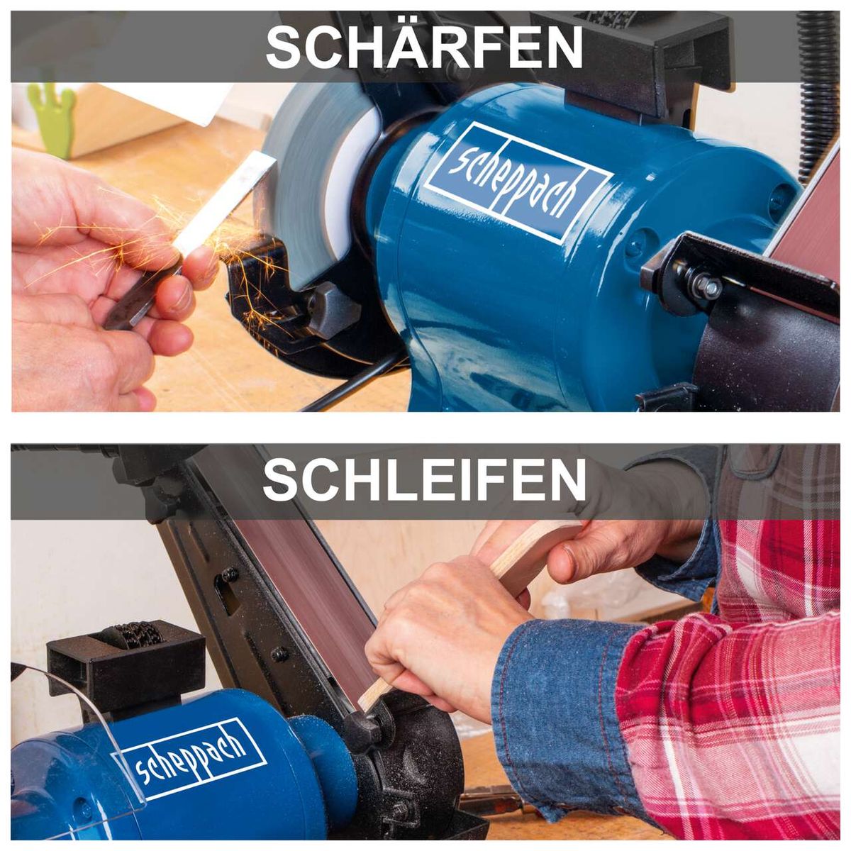 Der Kombinationsschleifer BGS700 von Scheppach bietet zwei Funktionen: Schärfen und Schleifen. Ideal für präzises Arbeiten an verschiedenen Materialien.