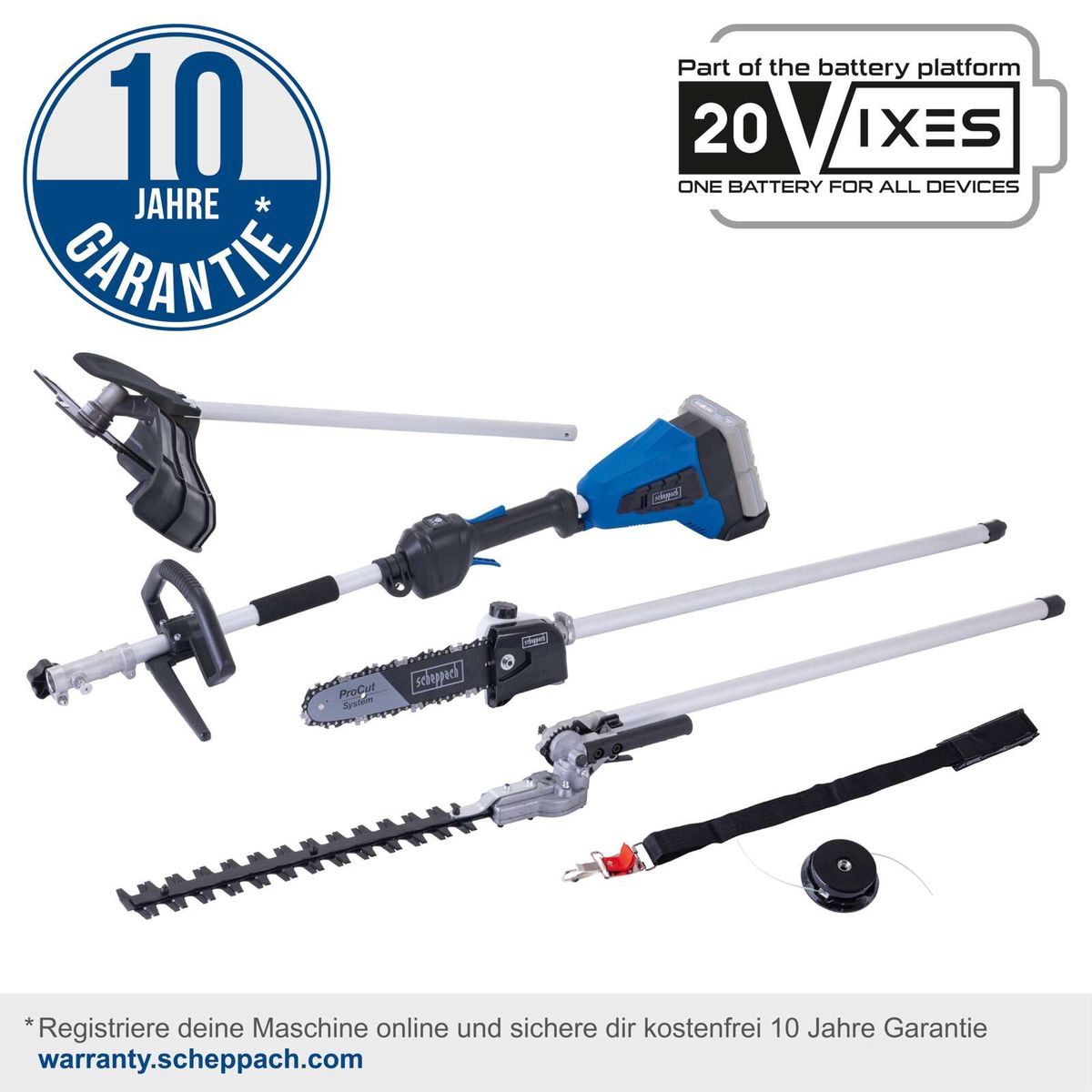 Das Akku-Multifunktionsgerät BC-MFH400-X von Scheppach bietet 4 Funktionen, Drehzahlanpassung und ist inklusive 2 Akkus und Doppelladegerät. Registriere deine Maschine online für 10 Jahre Garantie auf warranty.scheppach.com.