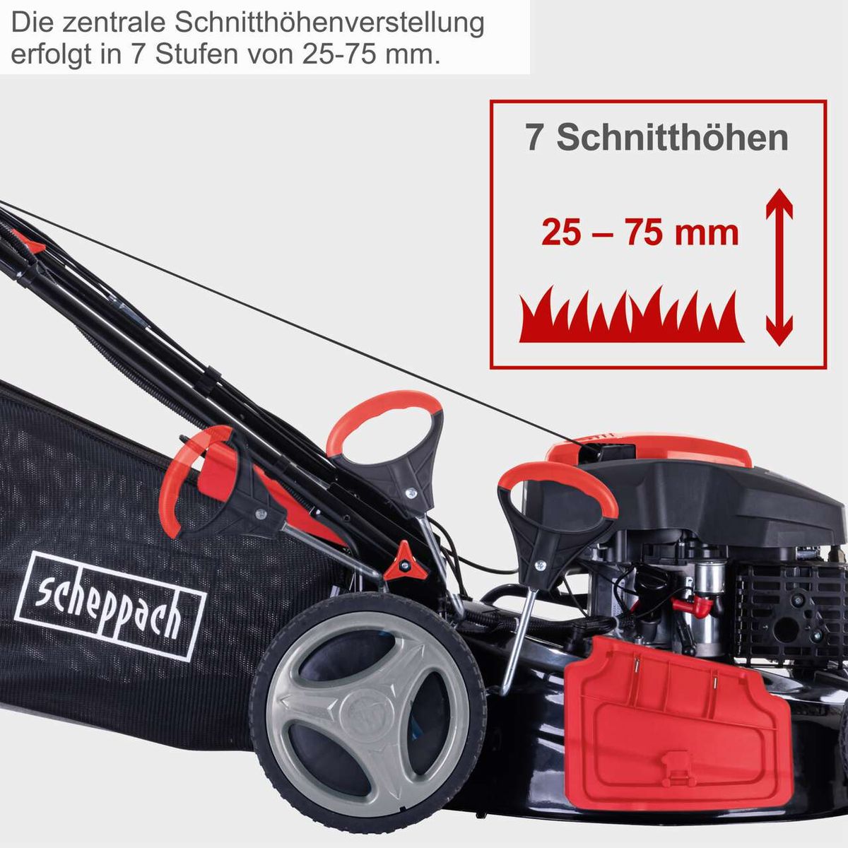 Der Benzin-Rasenmäher MS225-53E VS von Scheppach bietet eine zentrale Schnitthöhenverstellung in 7 Stufen von 25-75 mm. Die Schnittbreite beträgt 53 cm und verfügt über einen Radantrieb sowie eine 65L Fangbox.