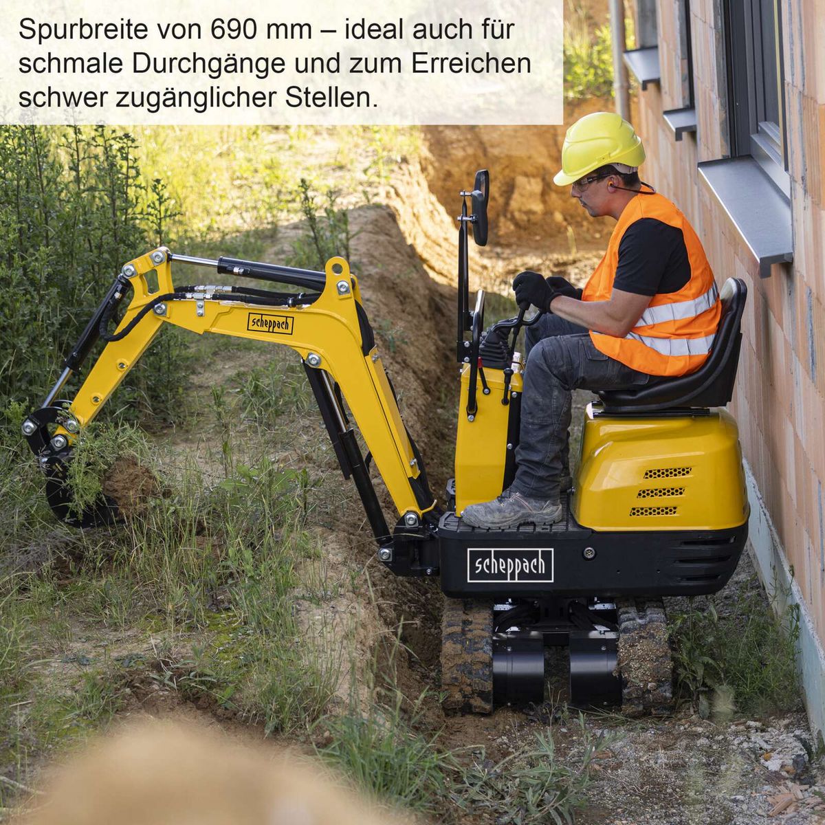 Mini-Bagger mit 690 mm Spurbreite für enge Arbeitsbereiche, Scheppach-Modell SY-MB815