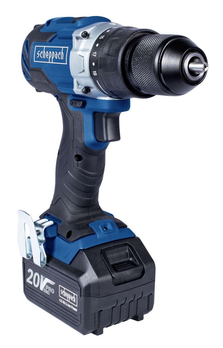 Scheppach Akkuschrauber BCDD70-20ProS, 20V, 2-13mm Bohrfutter, LED-Leuchte, Ansicht von links.