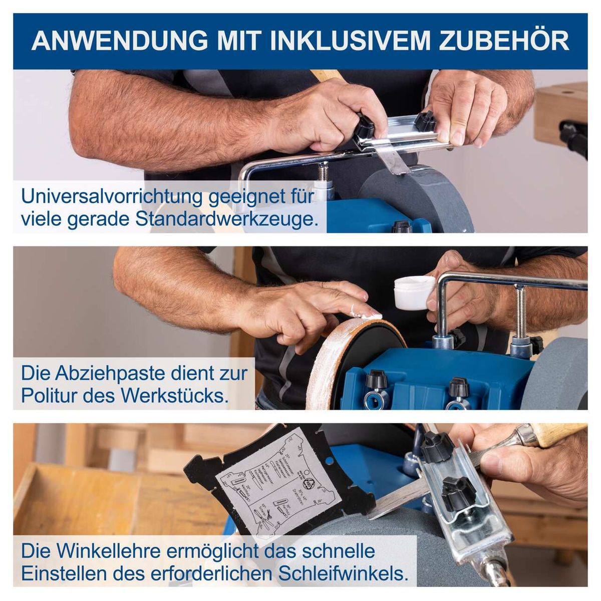 Das Nass-Schleifsystem TIGER 5000S Scheppach bietet eine Universalvorrichtung für viele gerade Standardwerkzeuge, Abziehpaste zur Politur des Werkstücks und eine Winkellehre für schnelles Einstellen des Schleifwinkels.