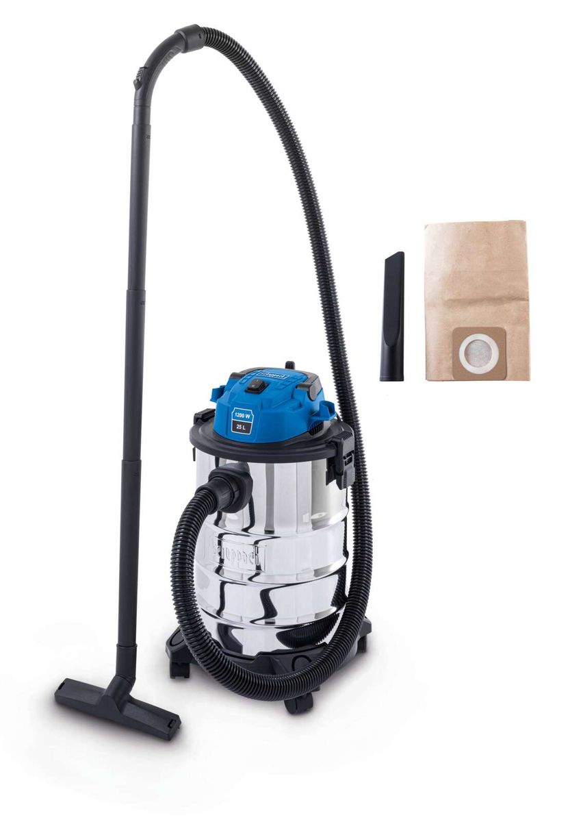 Elektro-Nass-/Trockensauger VC25 von Scheppach, seitlich fotografiert. Im Hintergrund ein Filterbeutel und eine Düse.