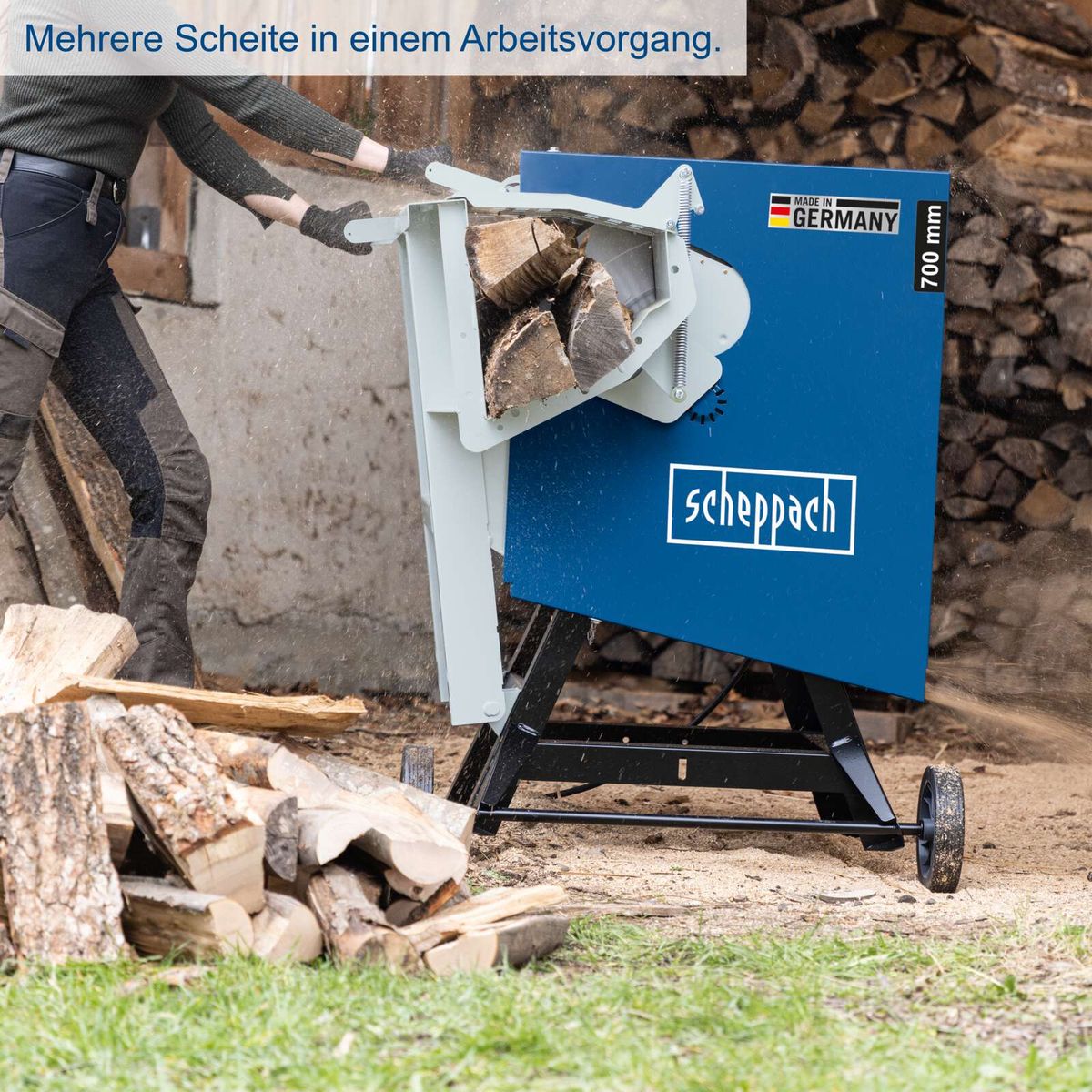 Scheppach-Werkzeug mit integriertem Schneidwerk für Holzscheiben, 700 mm Breite
