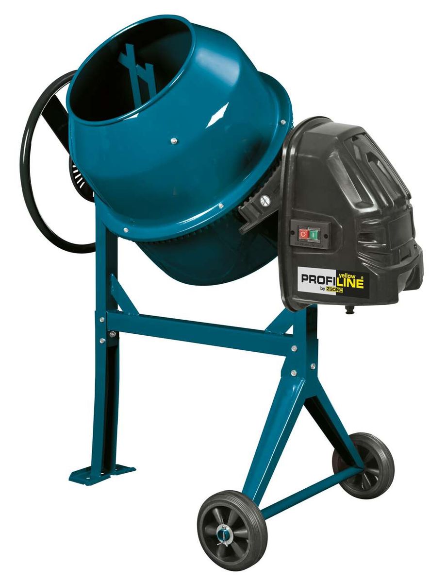 Betonmischer YPL 120 Zgonc Yellow Profi Line von Scheppach. Der Mischer ist von der Seite zu sehen.