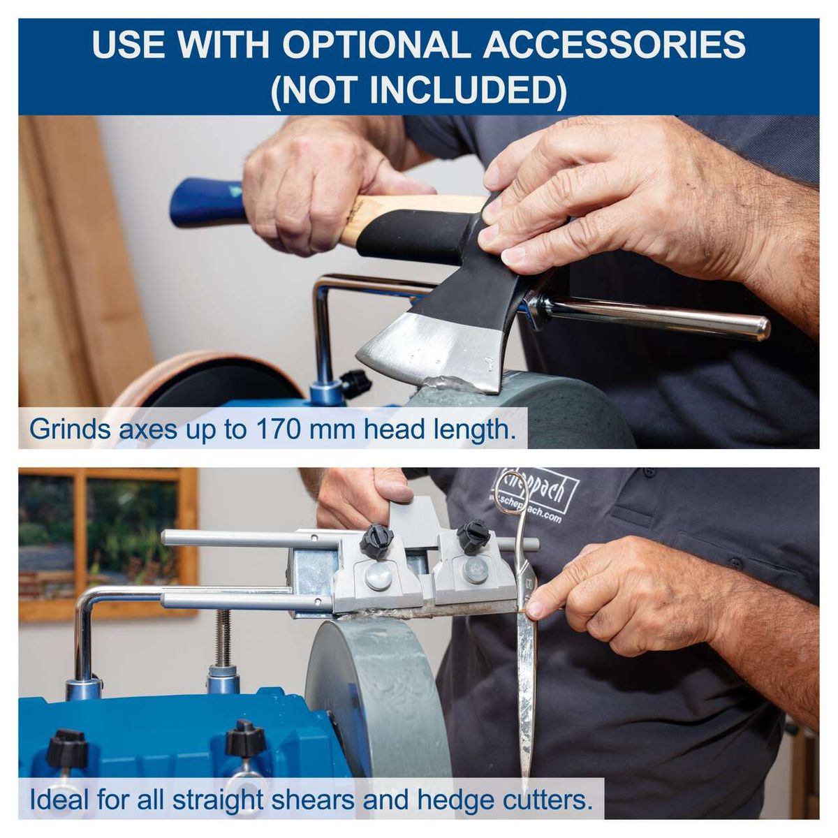 The Scheppach Wet Bench Grinder Tiger 7000S grinds axes up to 170 mm head length and is ideal for all straight shears and hedge cutters. Optional accessories are not included.