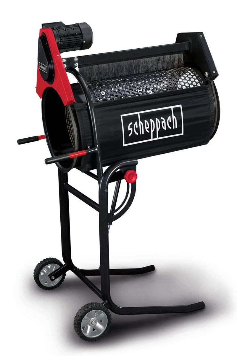 Rollsieb RS350 von Scheppach, seitliche Ansicht mit Trommel und Motor. Inklusive Siebeinsatz und verstellbarer Trommel.