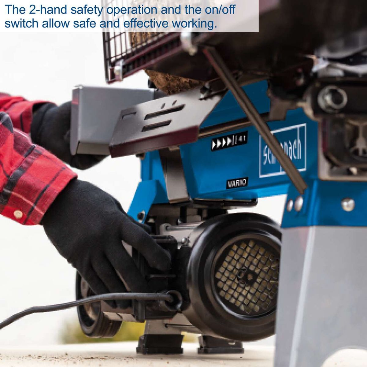 The HL460 log splitter by Scheppach features a 2-hand safety operation and an on/off switch for safe and effective working.