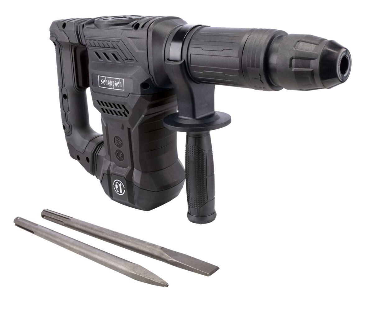 Abbruchhammer DBH1500-BE Scheppach Black, Ansicht von links oben. Inkl. Spitz- und Flachmeißel.