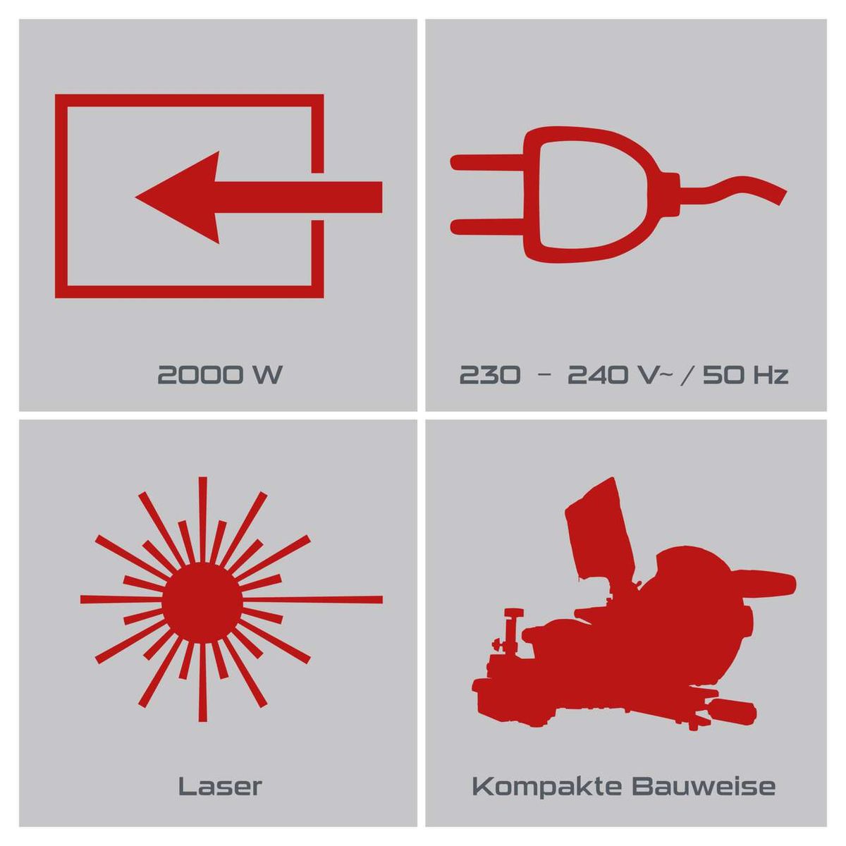 Wichtige technische Daten: 2000 Watt Leistung, 230–240 V Wechselspannung, 50 Hz