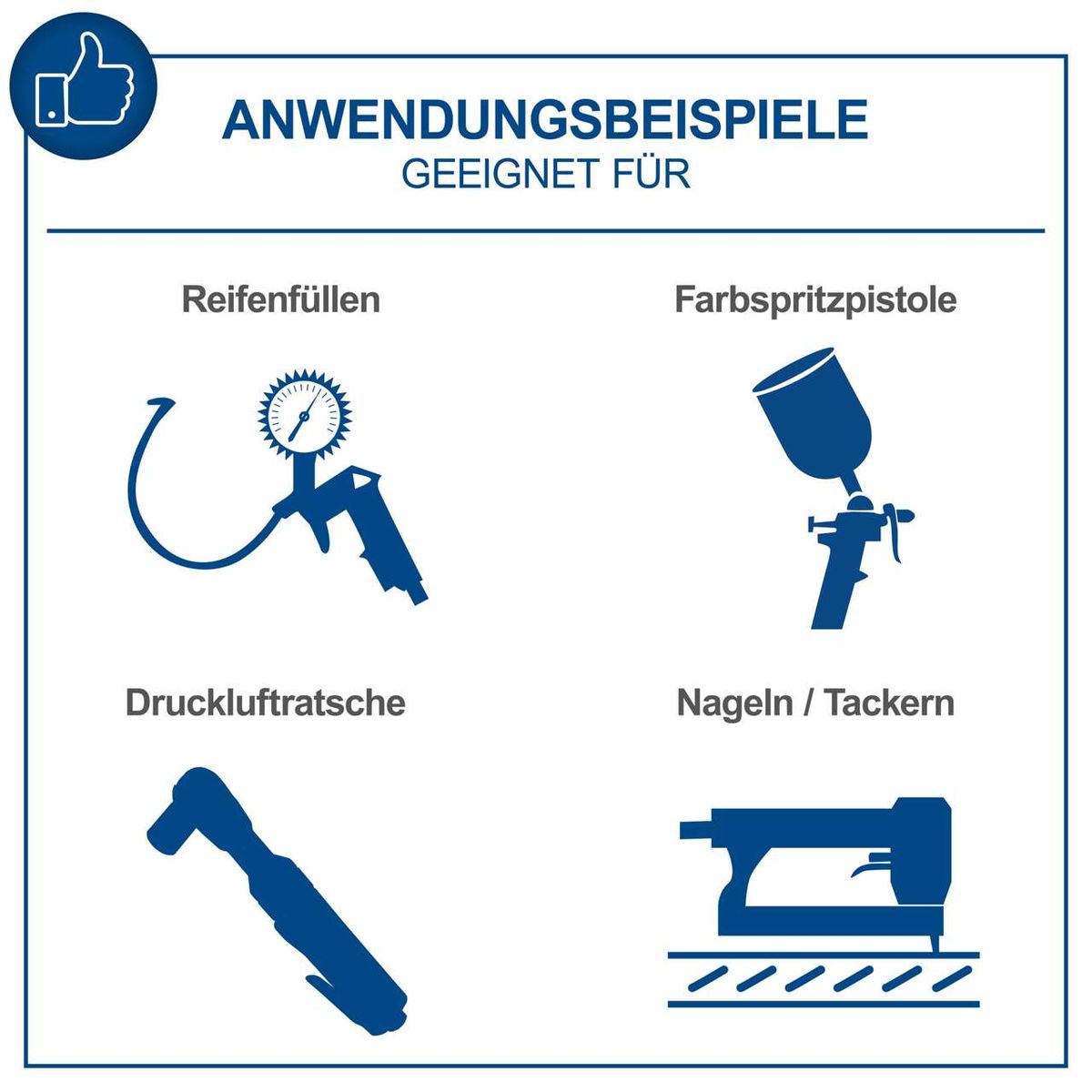 Der Scheppach Kompressor HC06 eignet sich für Reifenfüllen, Farbspritzpistolen, Druckluftratschen und Nageln/Tackern.