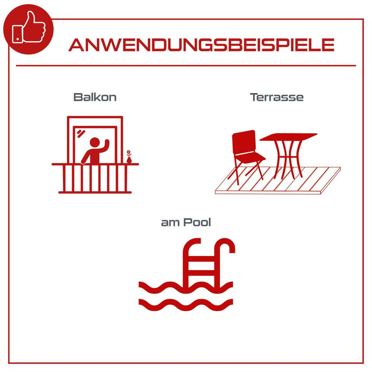 Das Balkonset 6-tlg. PX-BS-1 Practixx eignet sich für Balkon, Terrasse und Pool. Es besteht aus 4 Klappstühlen, einem Sonnenschirm und einem Glastisch. Ideal für gemütliche Stunden im Freien.