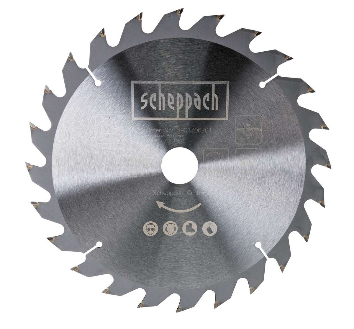Scheppach Kreissägeblatt mit 24 Zähnen, von vorne fotografiert. Produktcode 3901306701.