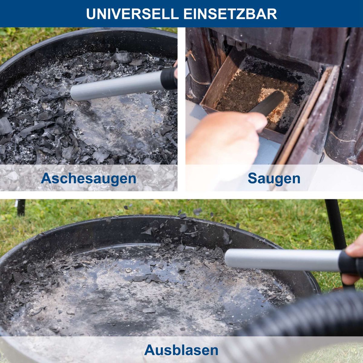 Universal einsetzbare Aschen- und Saugsysteme für Grillabfälle sowie Ausblasfunktion