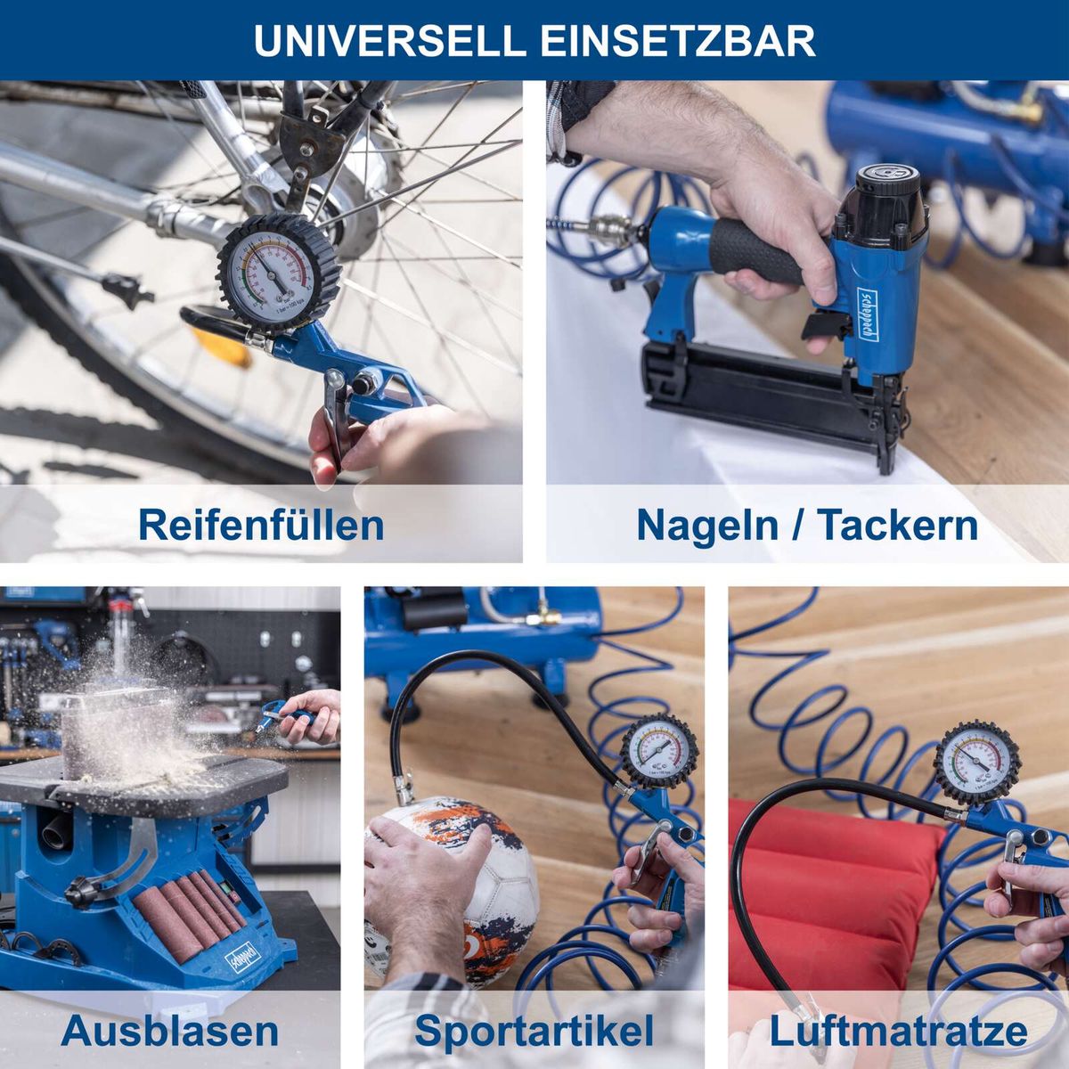 Werkzeuge für Luftdruckaufbereitung: Reifenauffüllen, Nageln/Tackern, Ausblasen und Luftmatratzenbefüllung mit Scheppach-Kompressor.