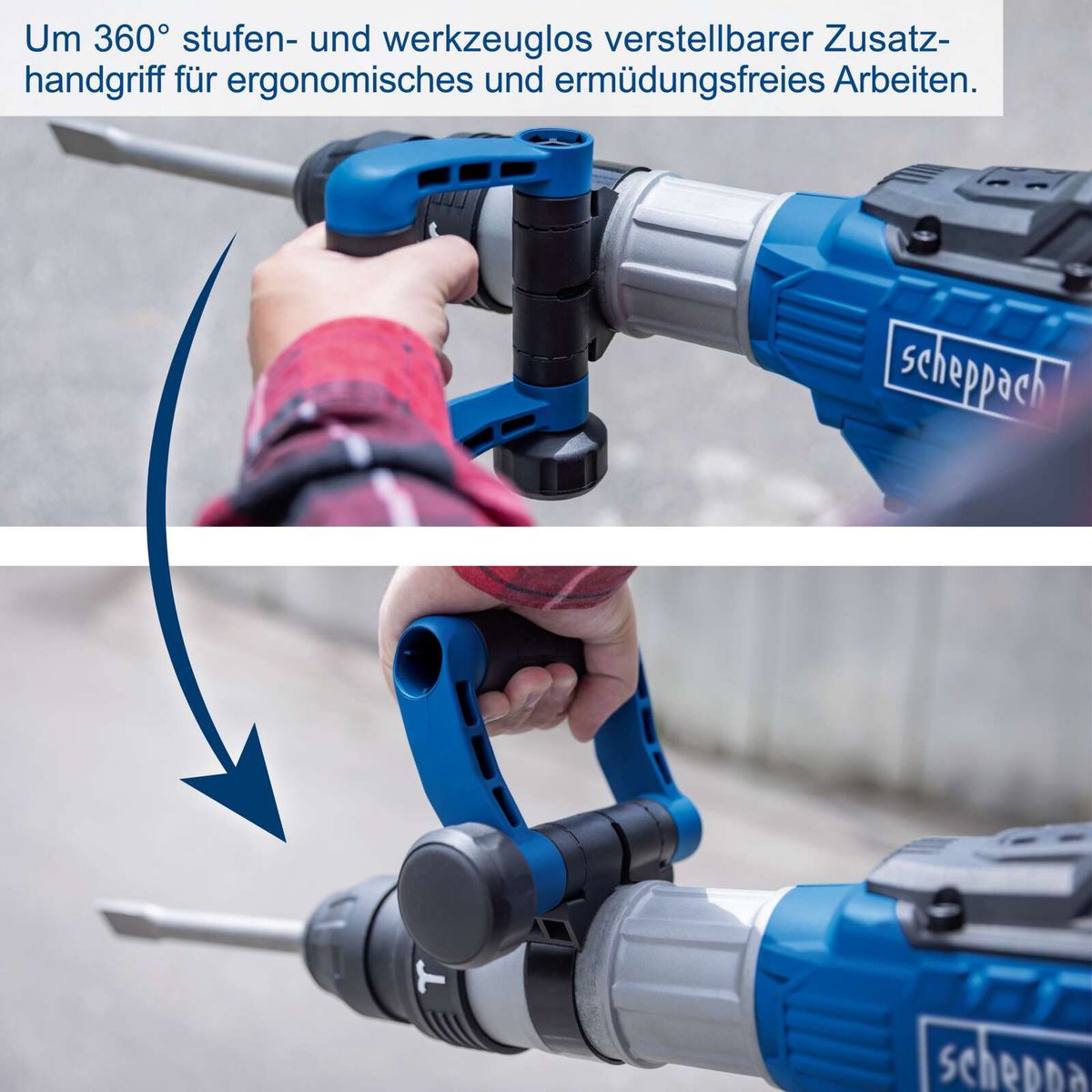360° verstellbarer ergonomischer Handgriff für ermüdungsfreies Arbeiten mit Scheppach-Abruchhammer