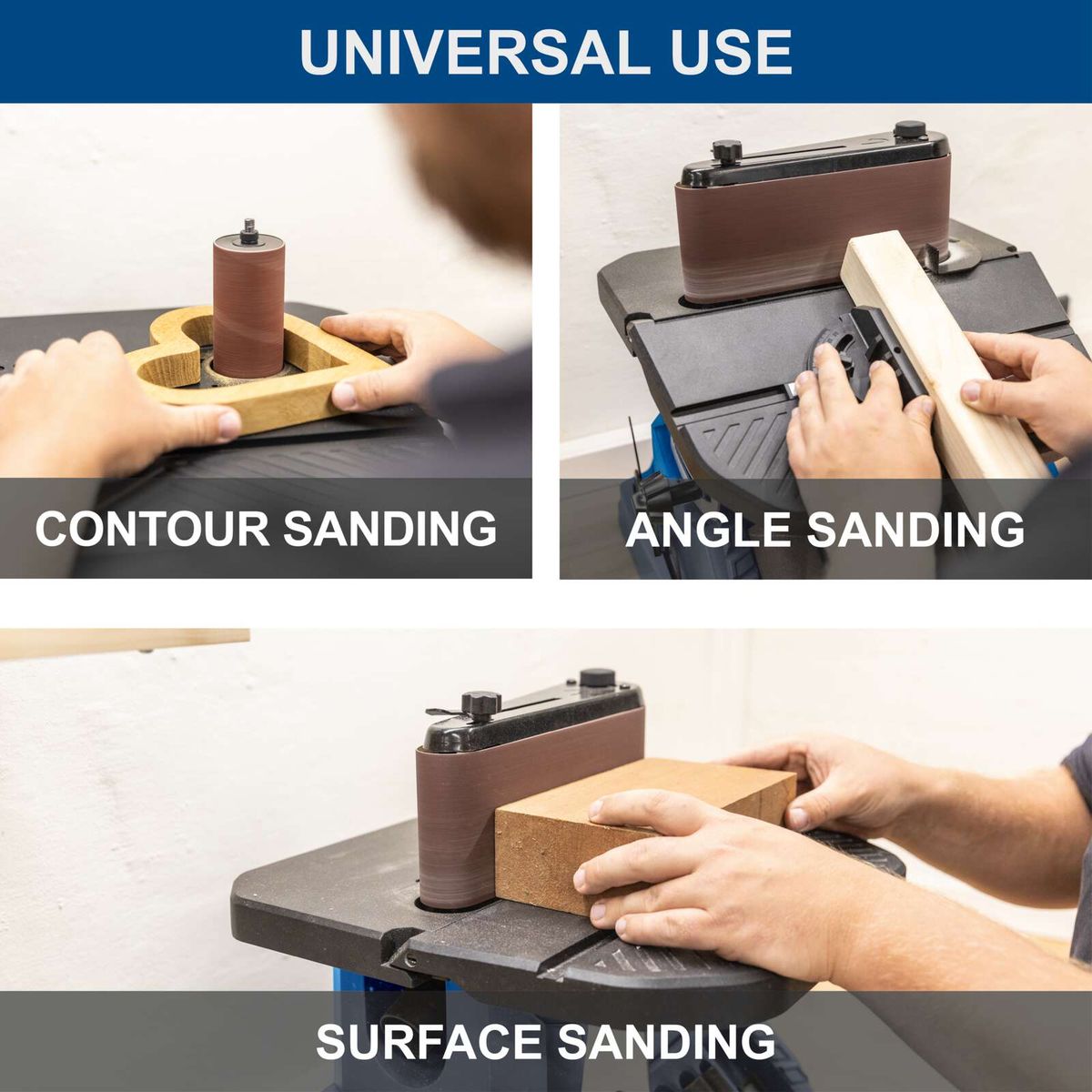The oscillating edge, belt, and spindle sander OSM600 by Scheppach is suitable for contour sanding, angle sanding, and surface sanding. It offers universal applications for various sanding tasks.