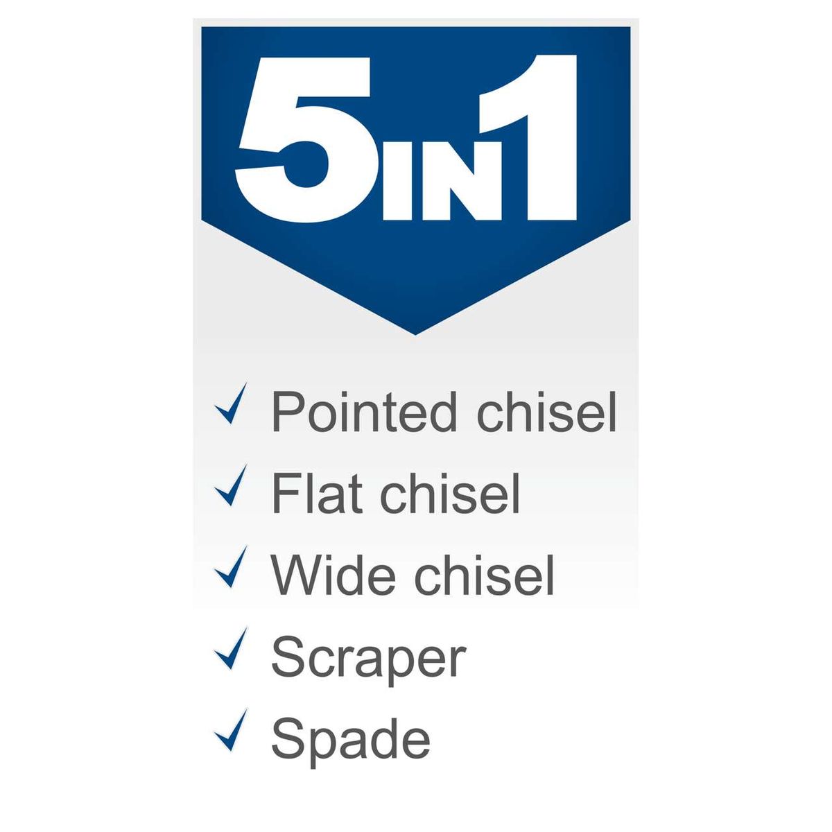 The Scheppach Aero² Spade is a 5-in-1 multi-purpose tool featuring a pointed chisel, flat chisel, wide chisel, scraper, and spade attachment.