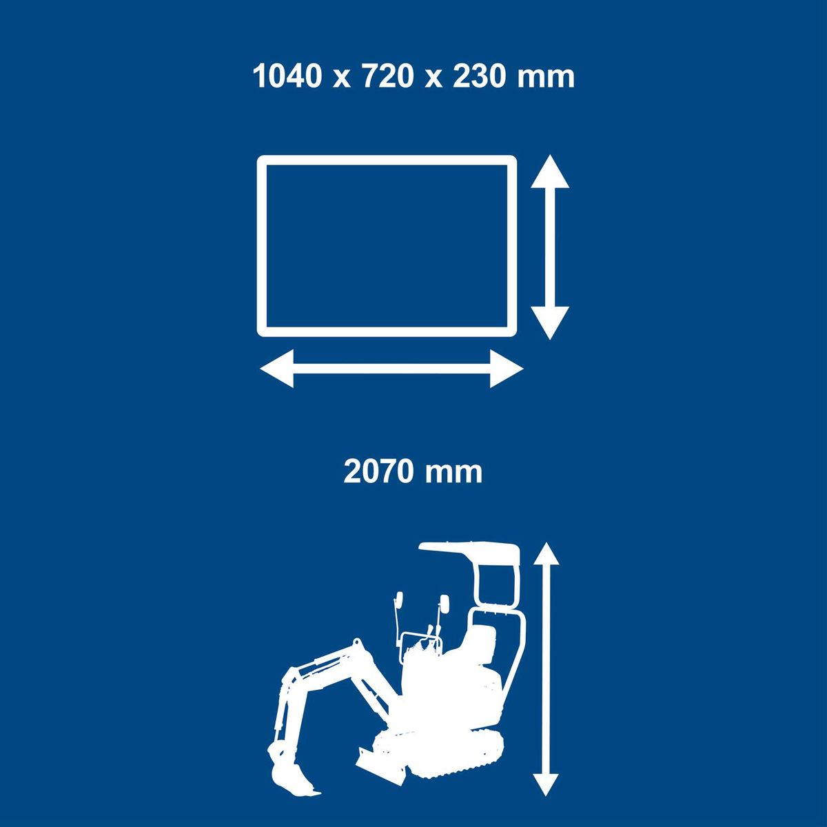 Mini-Bagger mit Maßen: 1044 x 720 x 230 mm und 2070 mm Höhe; Teil des XXL-Sets für DIY-Anwendung