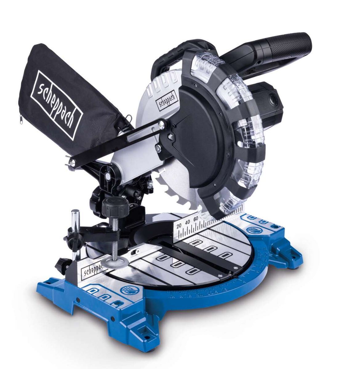 Kapp- und Gehrungssäge HM210L von Scheppach, seitliche Ansicht. Das Gerät ist mit einem schwarzen Schutzgehäuse und einem blauen Basissockel ausgestattet. Die Scheibe ist mit LED-Beleuchtung versehen.