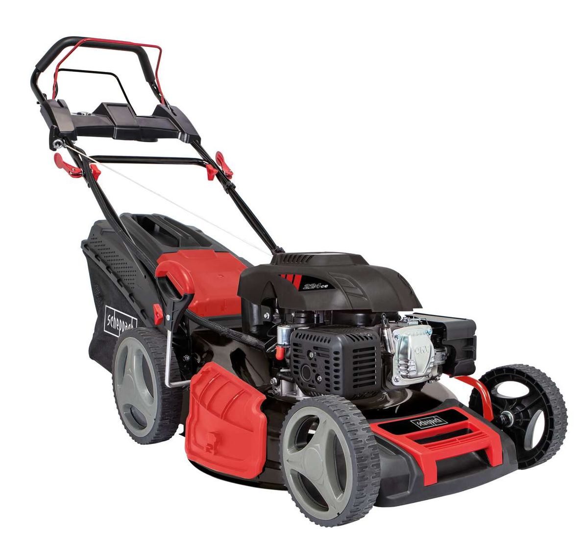 Scheppach MS22653ESE Rasenmäher mit schwarzem Gehäuse und rotem Griff, ausgestattet mit einem 224ccm-Motor und großen Rädern für einfache Handhabung.