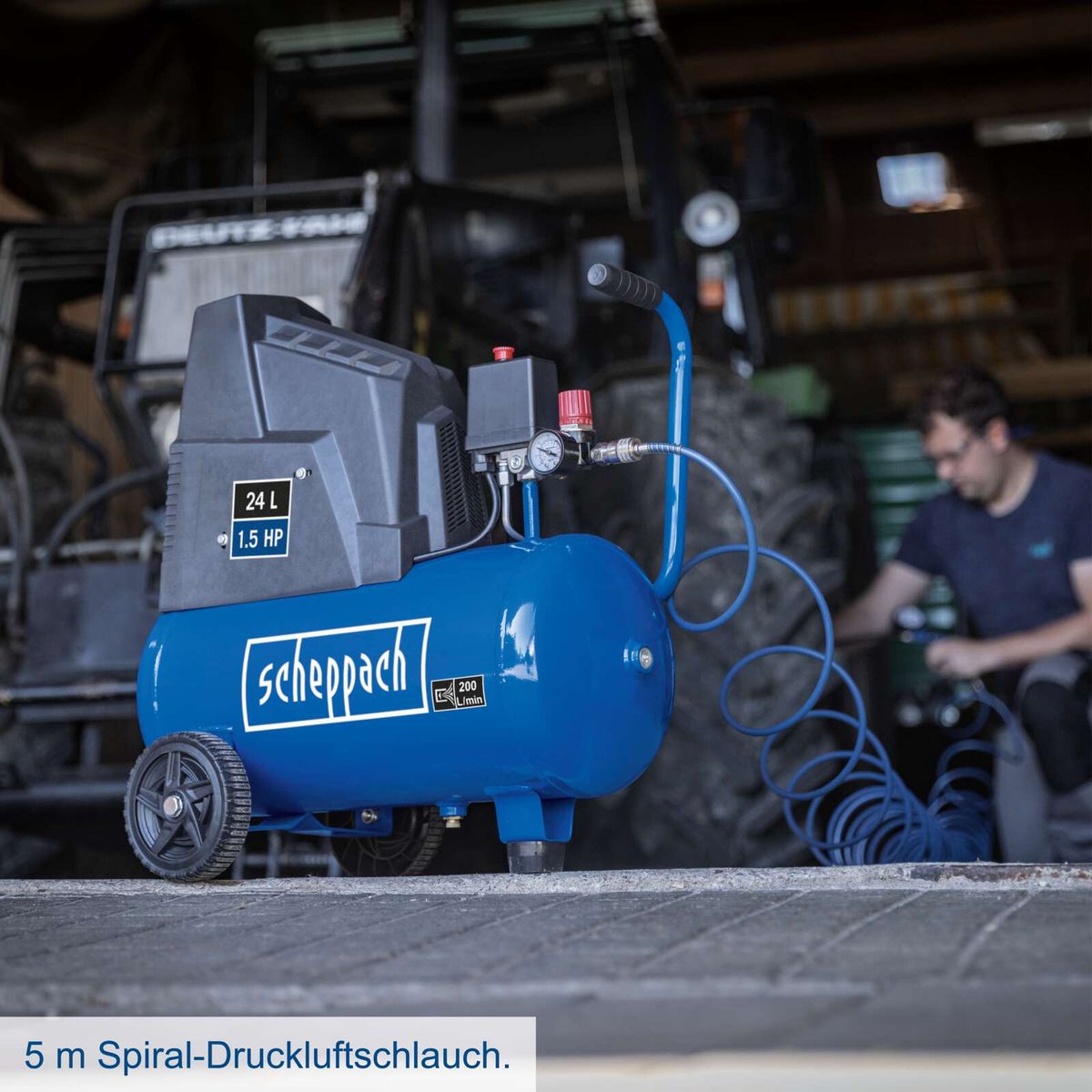 Scheppach-Kompressor mit 24-Liter-Tank und 5 Meter Spiral-Druckluftschlauch für Zubehörset HC30o