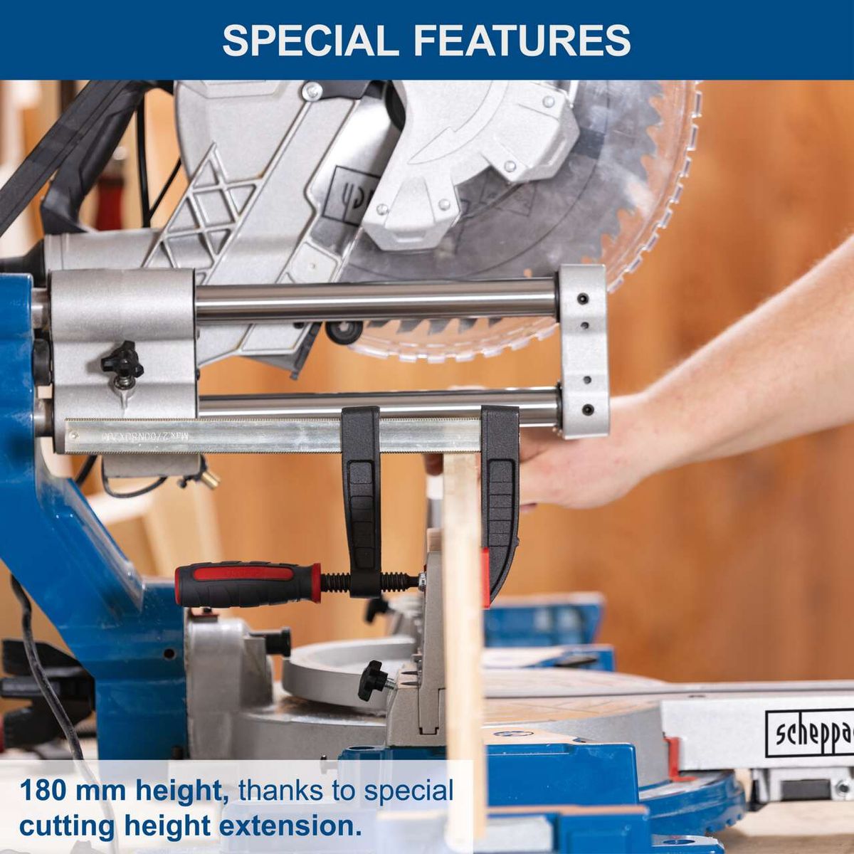 Sliding mitre saw featuring 180 mm cutting height via special height extension