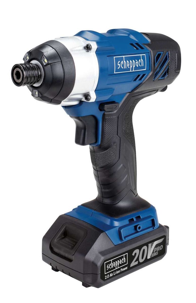 Scheppach Akku Schlagschrauber CID150-20ProS, seitliche Ansicht. Der Schlagschrauber ist ein Produkt von Scheppach und gehört zur 20V Pro Serie mit 2.0 Ah Li-Ion Akku.