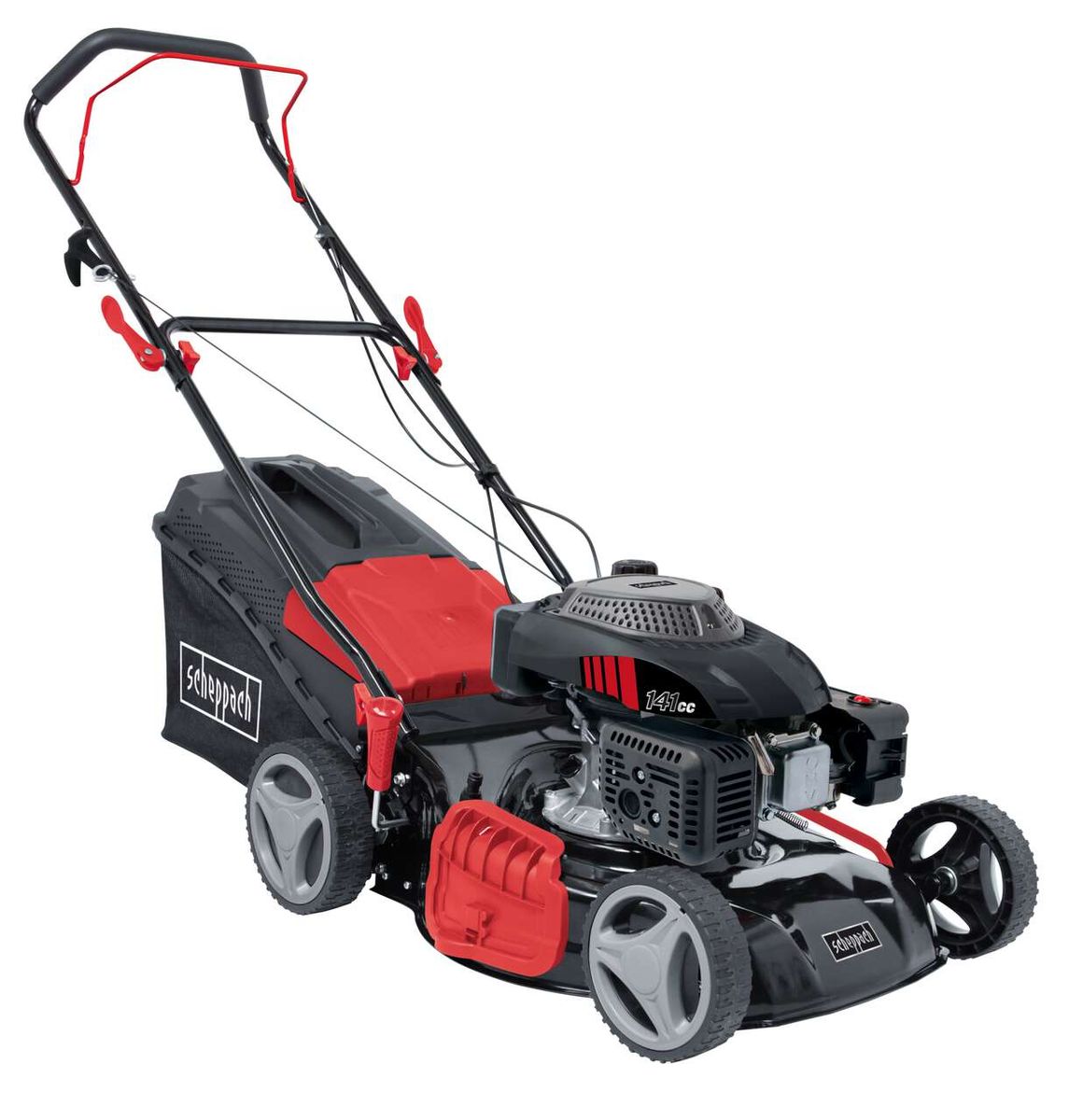 Rasenmäher MP141-46 von Scheppach, seitliche Ansicht. 141cc Motor, schwarzes Gehäuse mit rotem Akzent, großer Grasfangkorb.