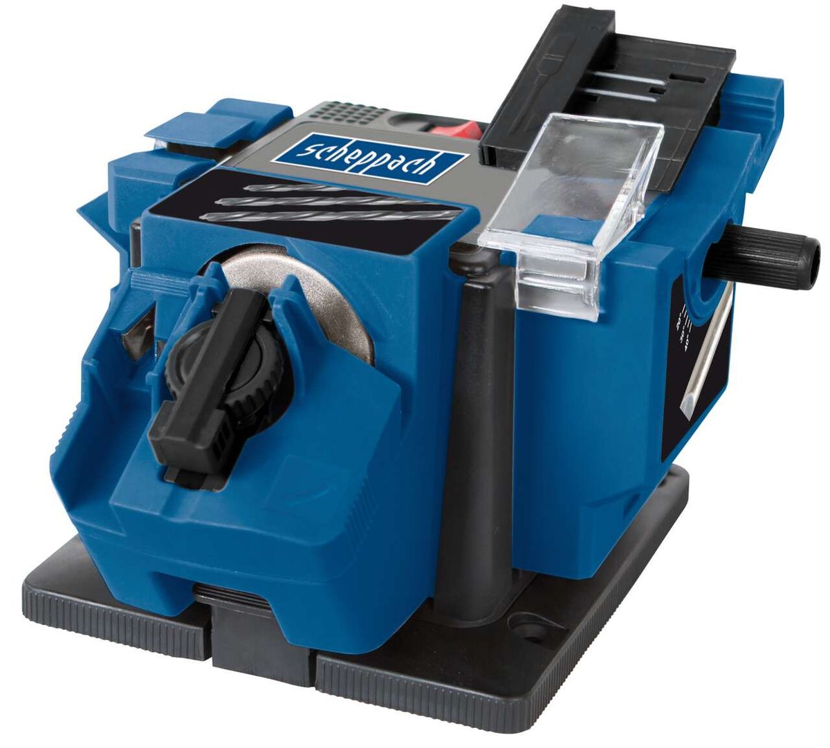 Multischleifer GS650 von Scheppach, gezeigt von der Seite. Der Schleifer hat einen blauen und schwarzen Kunststoffkörper mit einem transparenten Kunststofffenster. Der Schleifer hat einen schwarzen Griff und einen schwarzen Schalter.