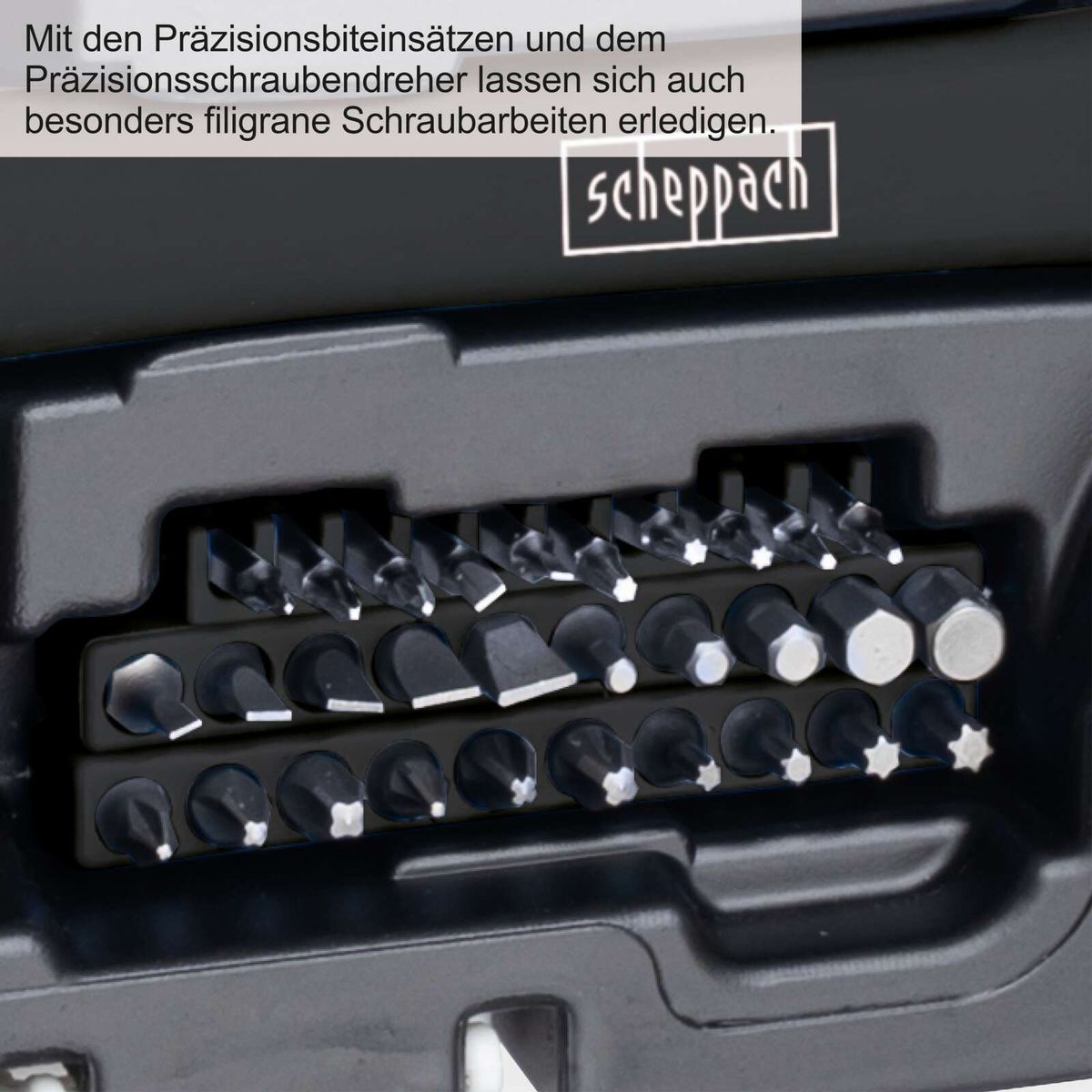 Präzisionsbiteinsätze und Präzisionsschraubendreher für filigrane Schraubarbeiten. Scheppach-Werkzeugkoffer WZB120-BE mit 96 Teilen.
