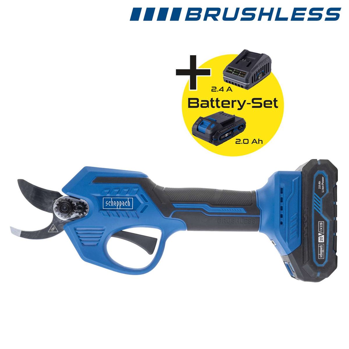 Scheppach Akku-Astschere mit Brushless-Motor, 28 mm Schnitt, inkl. 2,0 Ah Akku und Ladegerät