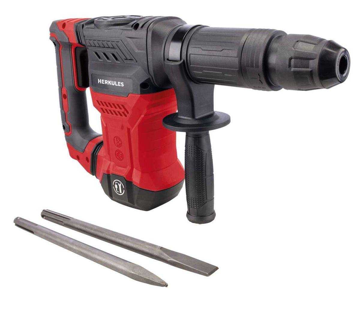 Elektro-Abbruchhammer AB1500x Herkules von Scheppach, seitlich fotografiert. Zwei Meißel liegen daneben.