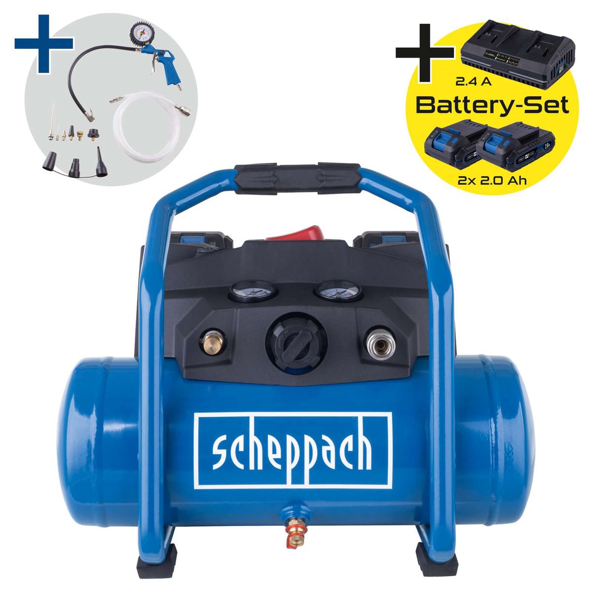 Scheppach-Compressor mit integriertem Batterie-Set (2x 2,0 Ah) und Adapter für Luftwerkzeuge