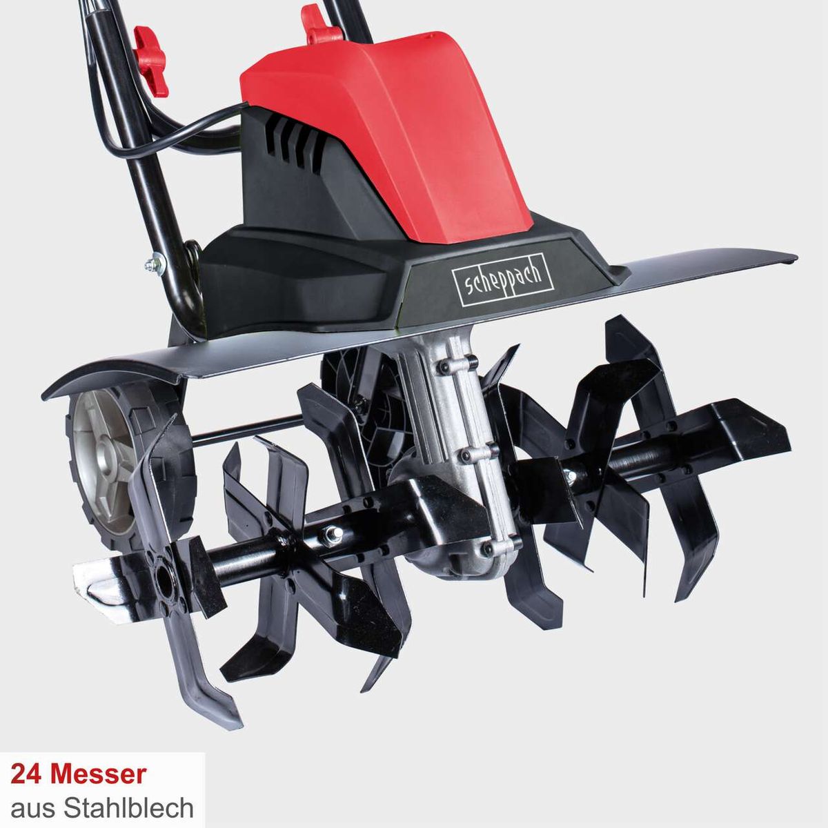 Motorhacke MTE460 von Scheppach mit 24 Messern aus Stahlblech, 230V, 50Hz, 1500W, Arbeitsbreite 450 mm.