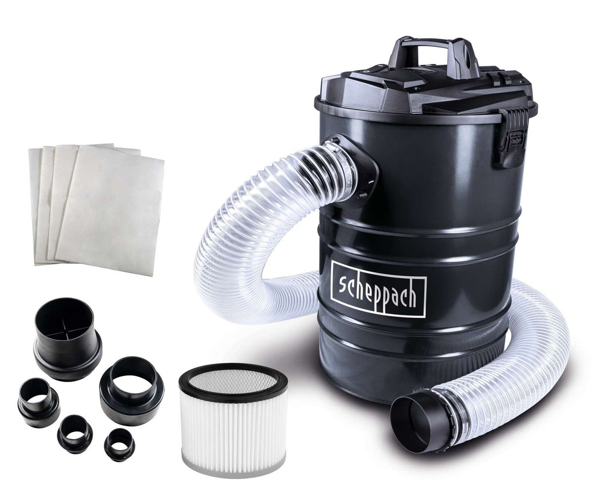 Absauganlage ASA150-BE von Scheppach in Schwarz. Gezeigt von der Seite mit Zubehör wie Schlauch, Filter und Adapter.