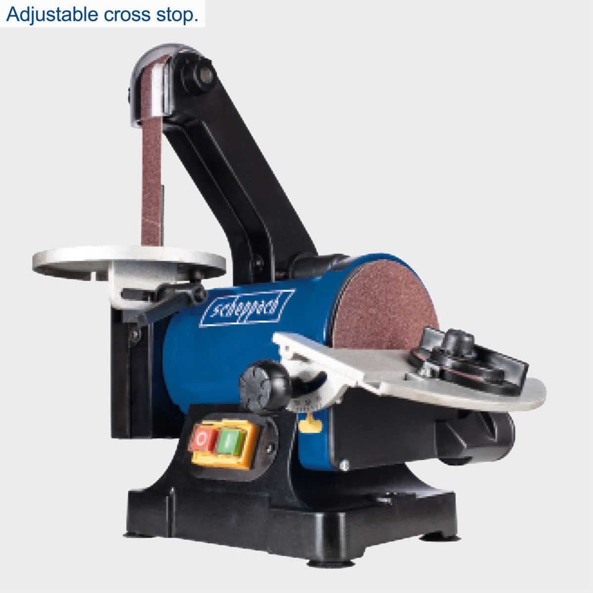 The Belt & Disc Sander BTS700 by Scheppach features an adjustable cross stop for precise work.