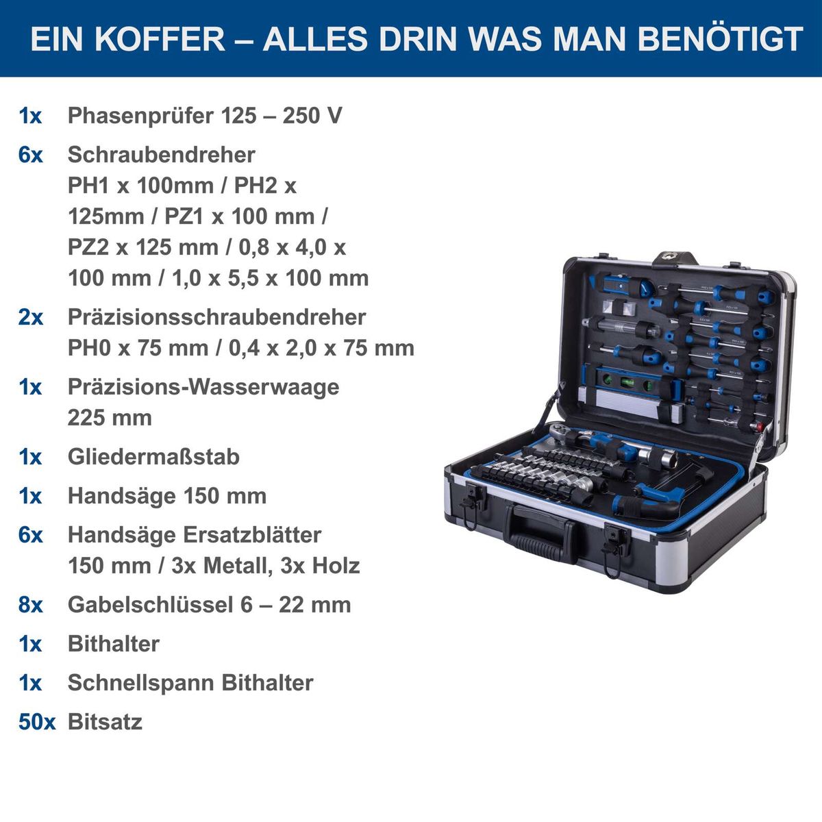 Werkzeugkoffer TB225 mit detaillierter Inhaltsübersicht für 235 Teile inkl. Schraubendreher, Zangen, Sägeblätter und Bitsatz