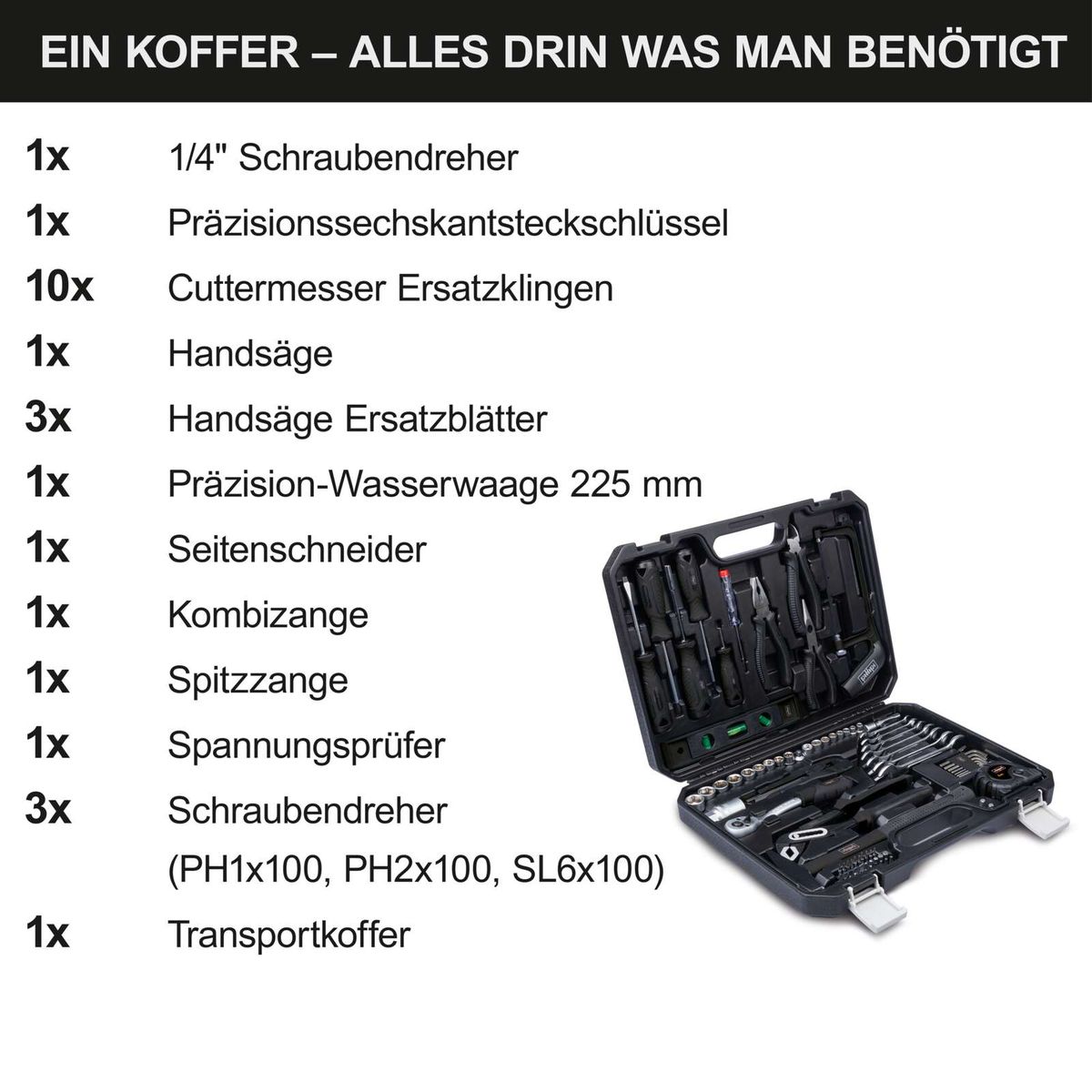 Werkzeugkoffer mit Schraubendreher- und Zangen-Set inkl. Ersatzklingen, Handsägen, Ersatzblättern und präzisen Messwerkzeugen für professionelle Reparaturen und Montagearbeiten.