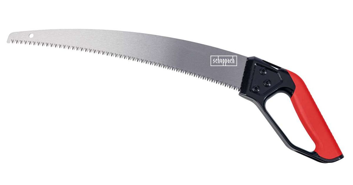 Astsäge gebogen scheppach (DIY) von vorne, mit schwarzem Griff und rotem Griffende.