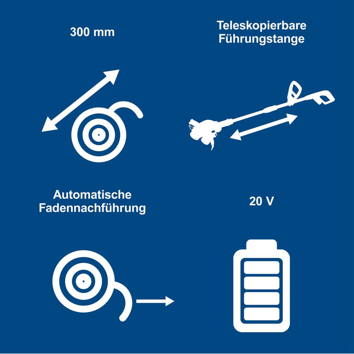 Wichtige Merkmale eines Akku-Rasentrimmers: Teleskopierbare Führung (300 mm), automatische Fadennachführung, 20 V Batteriebetrieb