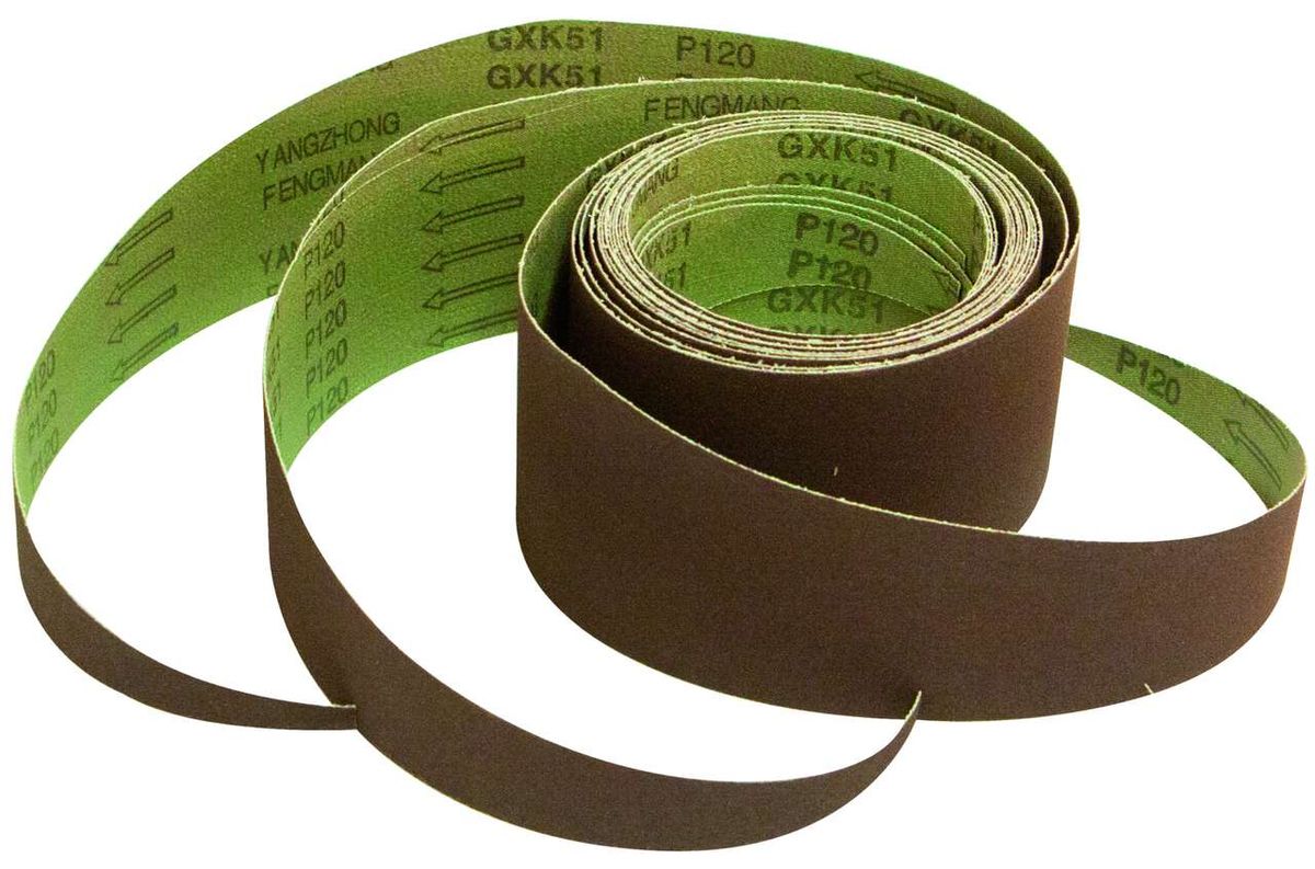 Scheppach Schleifband L 2400 x B 77 mm K 120, zwei Rollen, eine grüne und eine braune, von oben fotografiert.