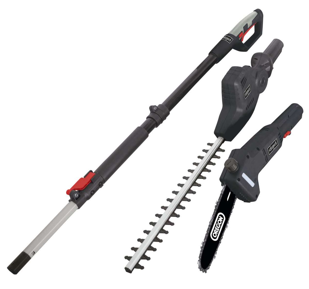 Heckenschere TPX710 von Scheppach, gezeigt von der Seite. Die Heckenschere hat einen Teleskopgriff und einen schwarzen Griff mit rotem Schalter.